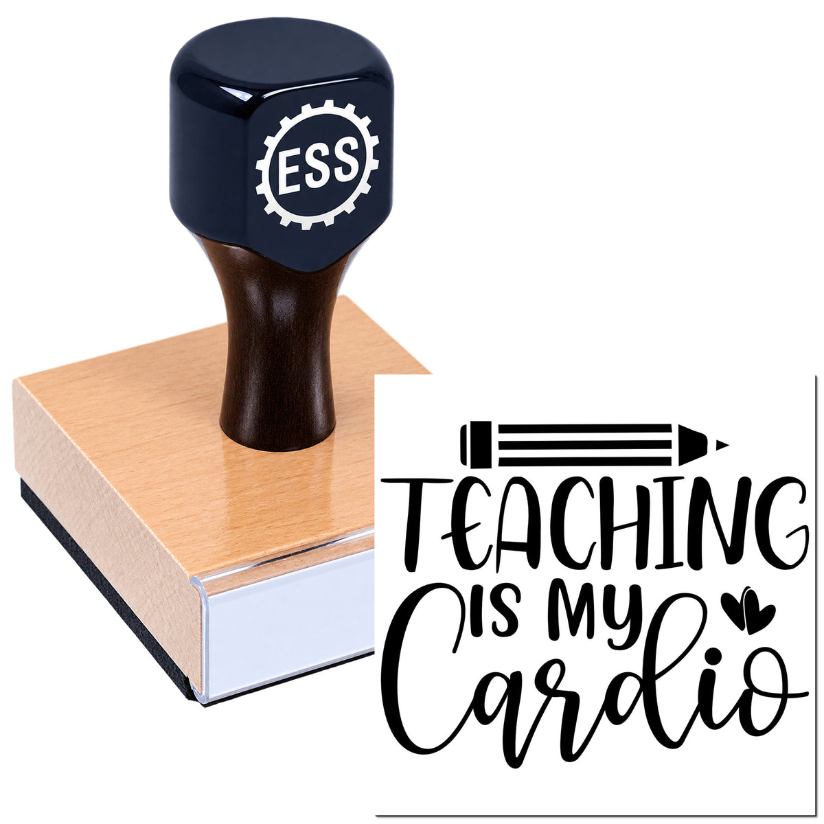 Black ESS teaching stamp and seal on wooden base, featuring a pencil icon and "Teaching is my Cardio" text.