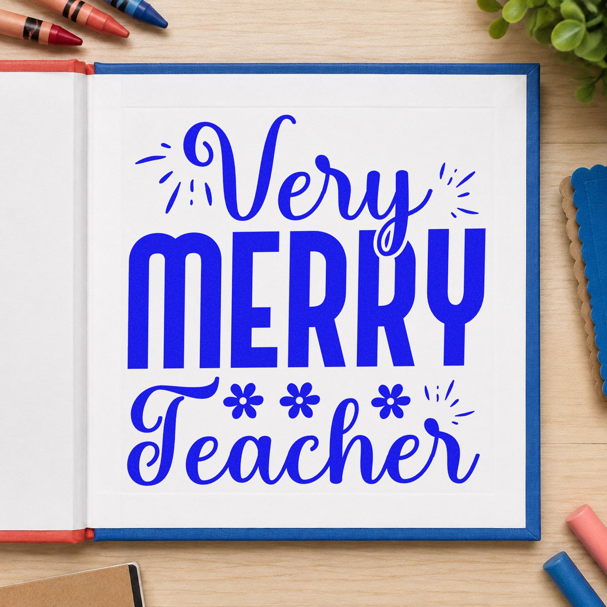 Very Merry Teacher Lettering craft stamp in blue ink on cardstock, an easy option for jumper chest panels.