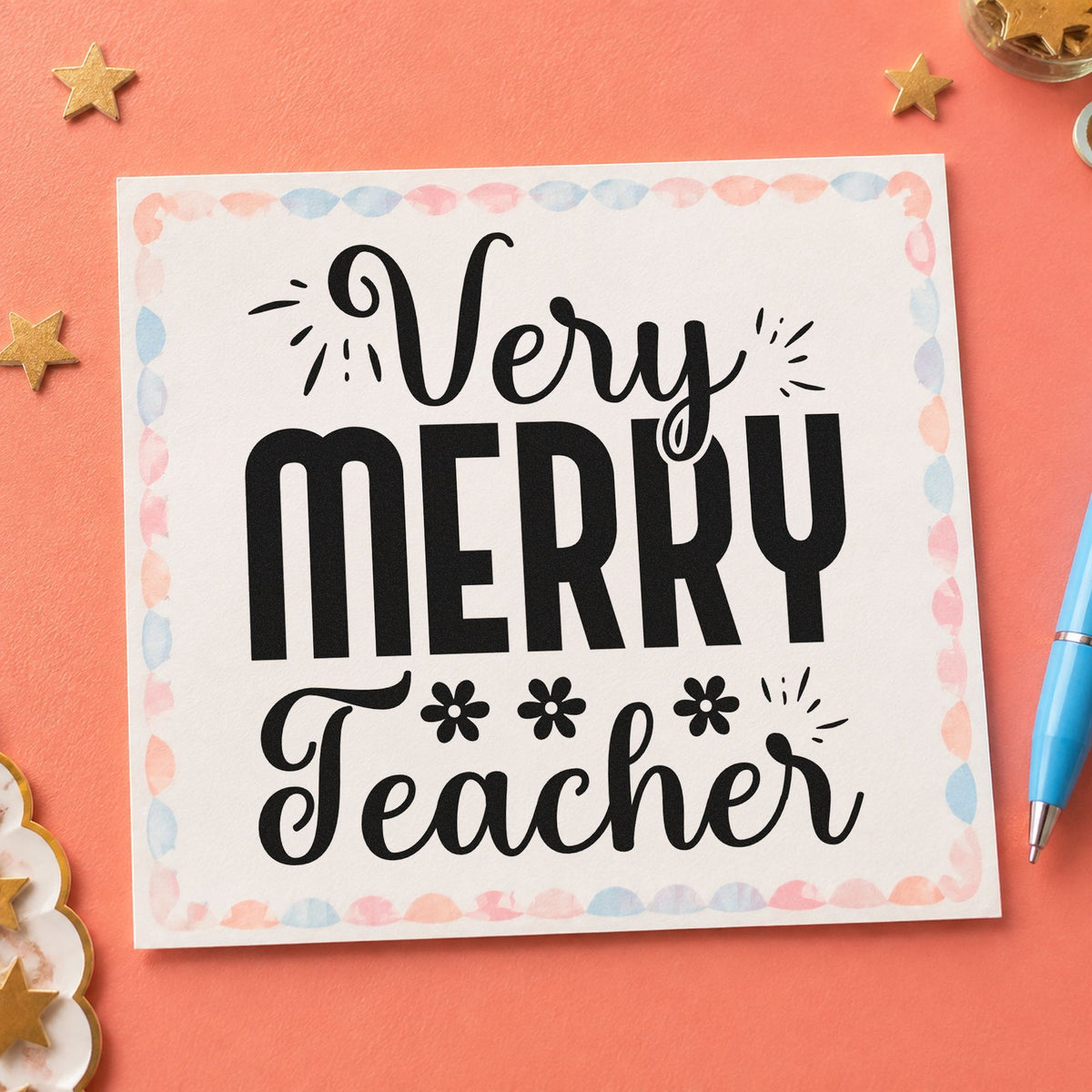 Very Merry Teacher Lettering rubber stamp printed in black ink, ready for very merry cards and similar paper crafts.
