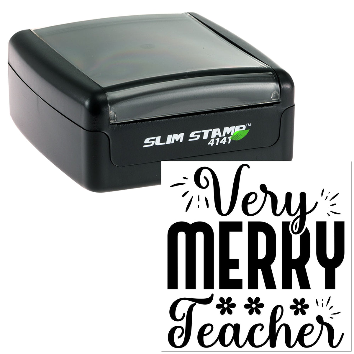 Black slim self-inking stamp with gray lid and Very Merry Teacher design in bold script.