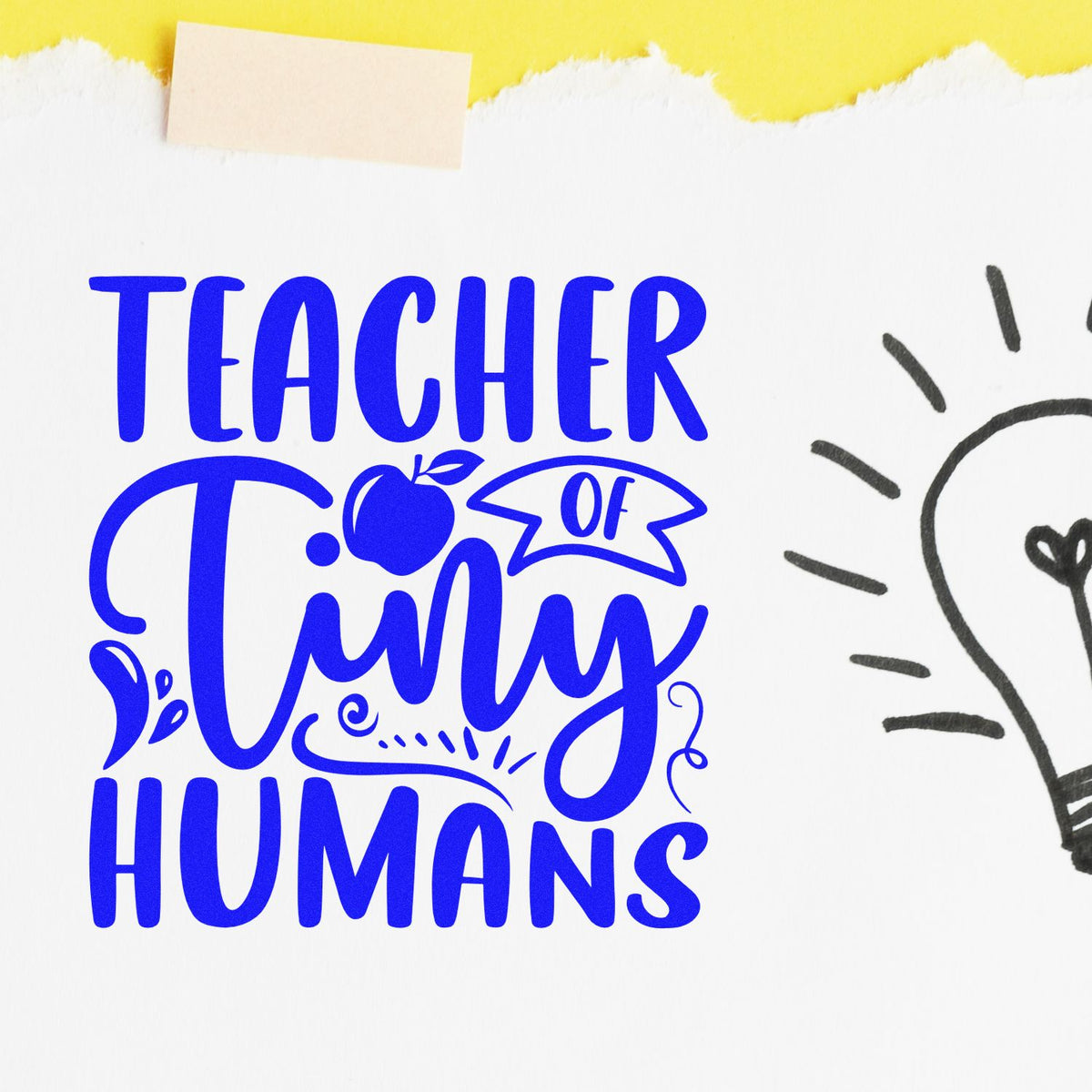 Teacher Of Tiny Humans Apple rubber stamp shown in blue ink, stamped for projects such as christening tags.