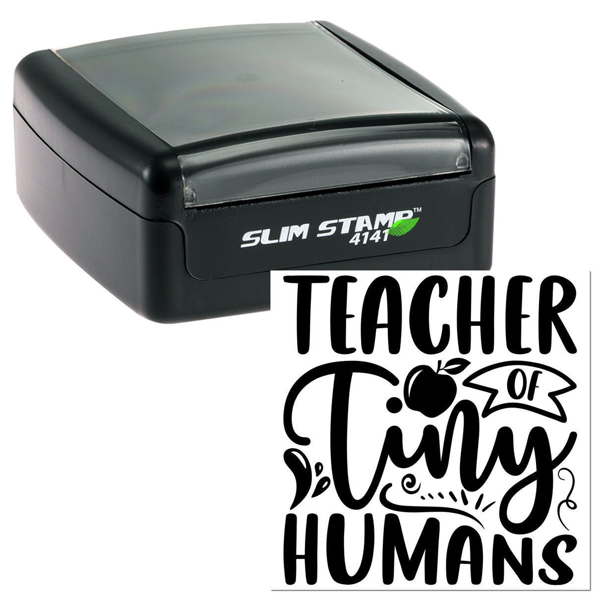 Trodat Slim Whimsical Teacher of Littles craft stamp featuring a pre-inked design on a black background.