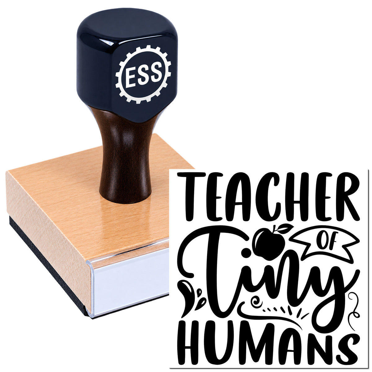 Black ESS custom stamp and seal with pink base, showing a bold Teacher of Tiny Humans design.
