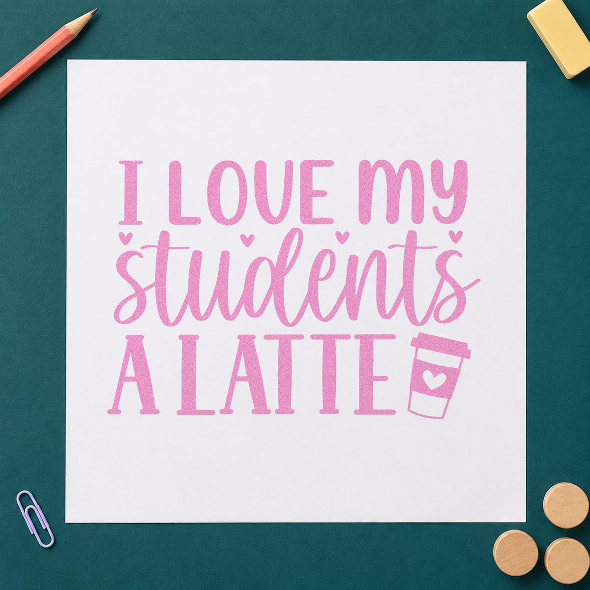 Love Students A Latte craft stamp in purple ink on cardstock, an easy option for coffee round tags.