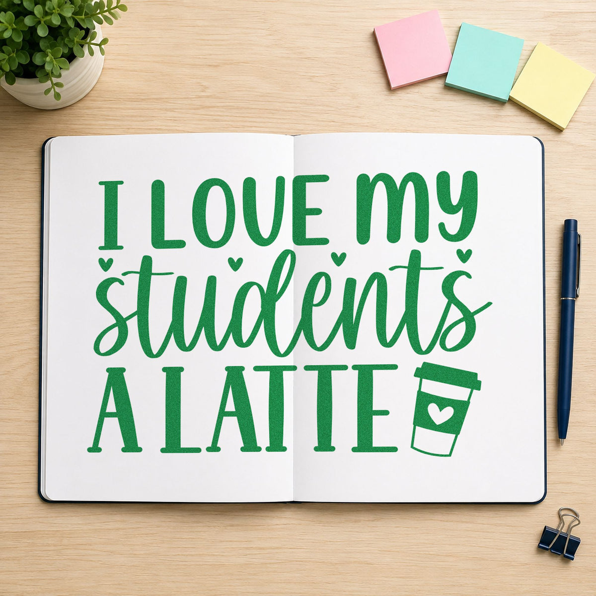 Love Students A Latte craft stamp imprint in green ink on a handmade project, one idea being order sheet pages.