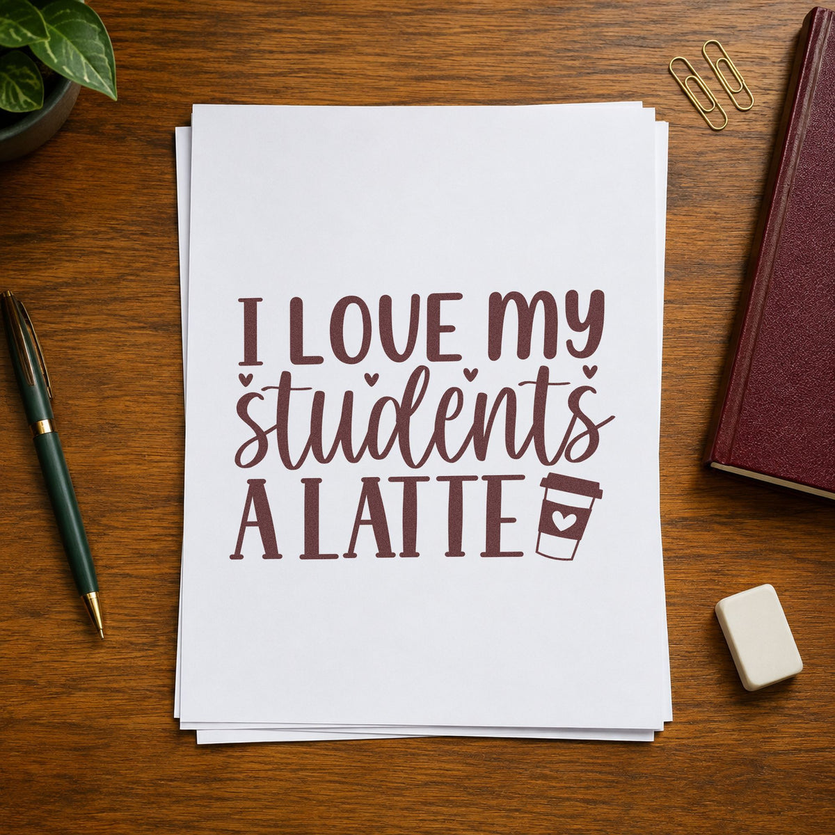 Love Students A Latte rubber stamp printed in brown ink, ready for syrup bottle labels and similar paper crafts.