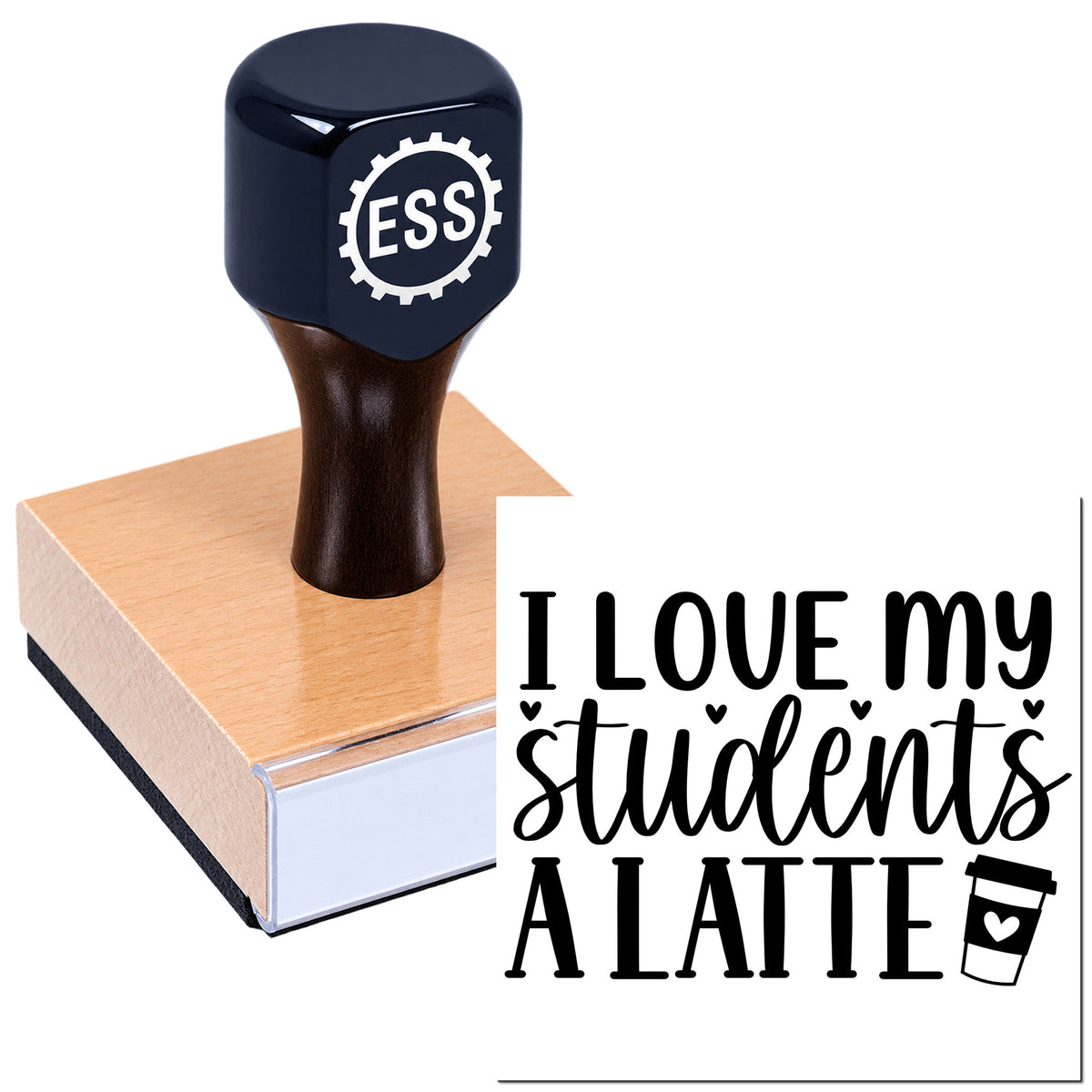 Dark navy ESS stamp on a wooden seal block beside "I love my students a latte" design with black text and coffee cup icon.