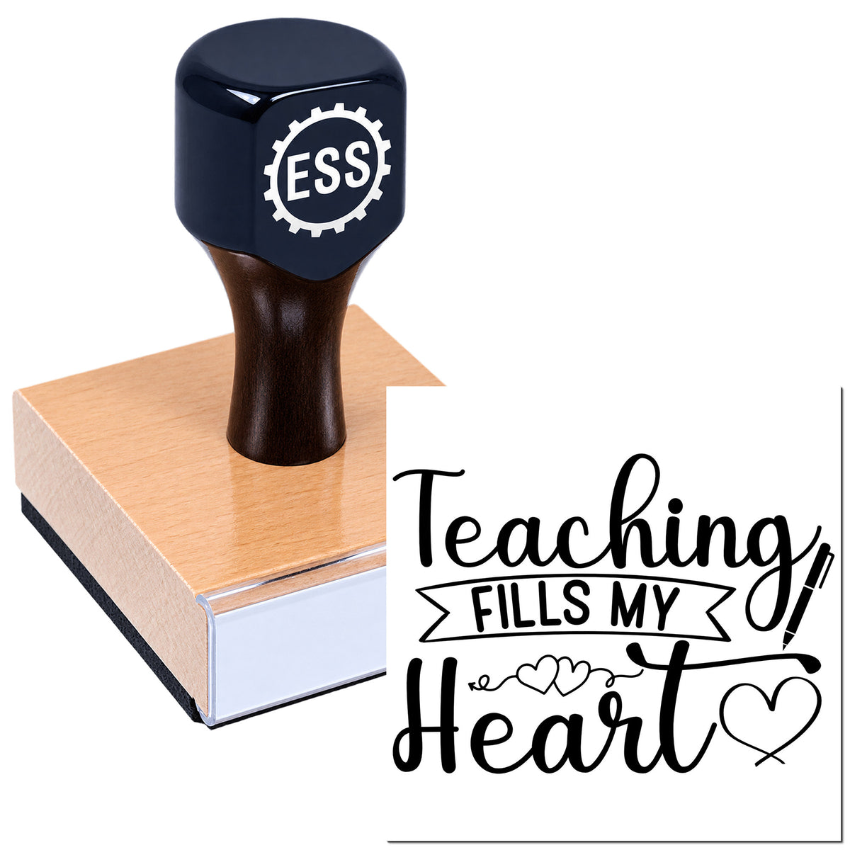Black ESS teaching stamp on pink sealing block with "Teaching Fills My Heart" script and heart seal design.