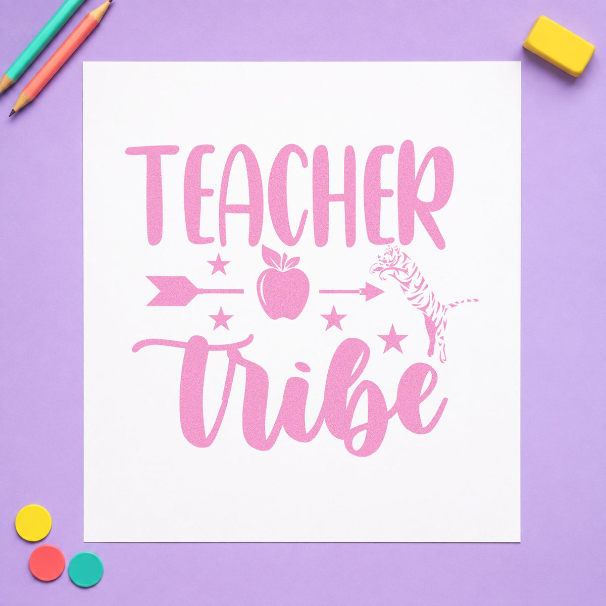 Teacher Tribe Arrow Apple craft stamp in purple ink on cardstock, an easy option for forest school tags.
