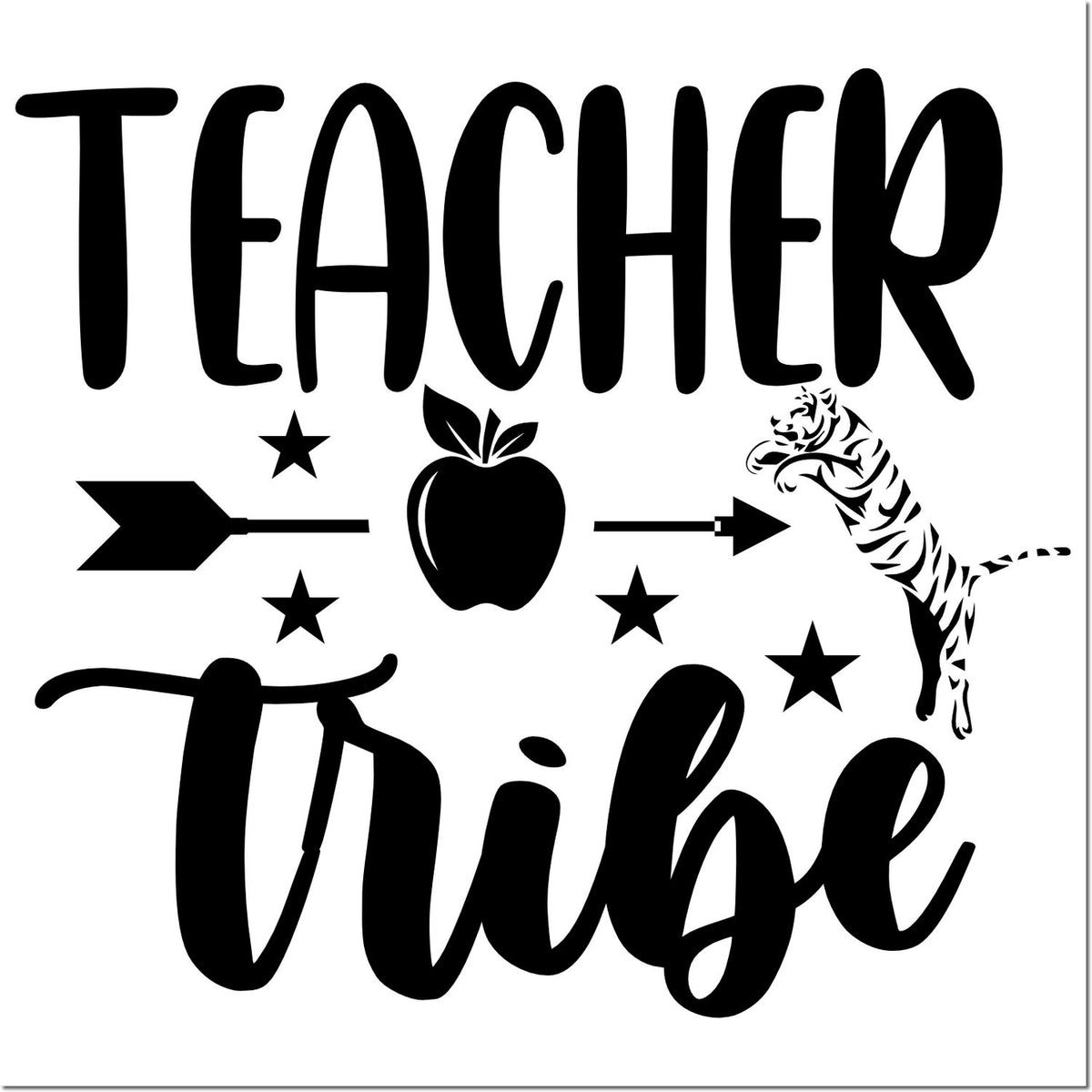 Black Teacher Tribe stamp design with apple, arrows, stars, and jumping tiger silhouette