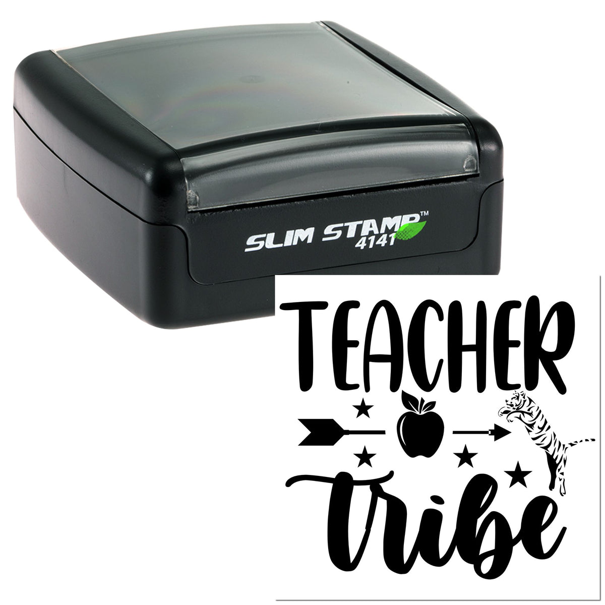 Black self-inking Slim Stamp 4141 with gray cap and teacher tribe seal design in bold black.
