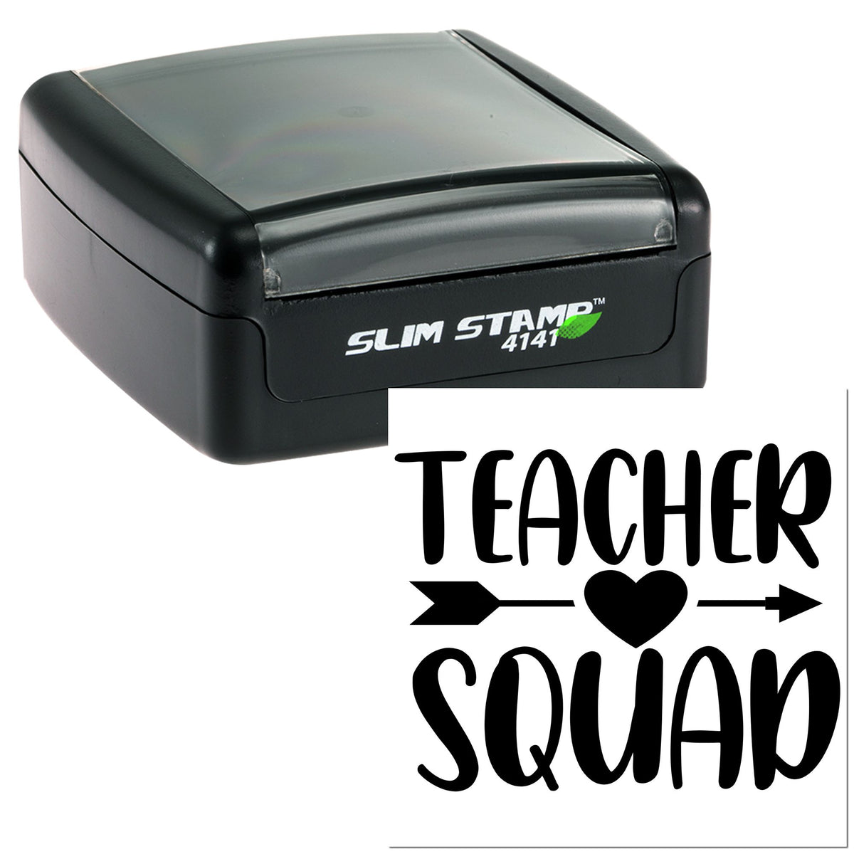 Black self-inking stamp and seal with white Teacher Squad design, heart and arrows on a white background.