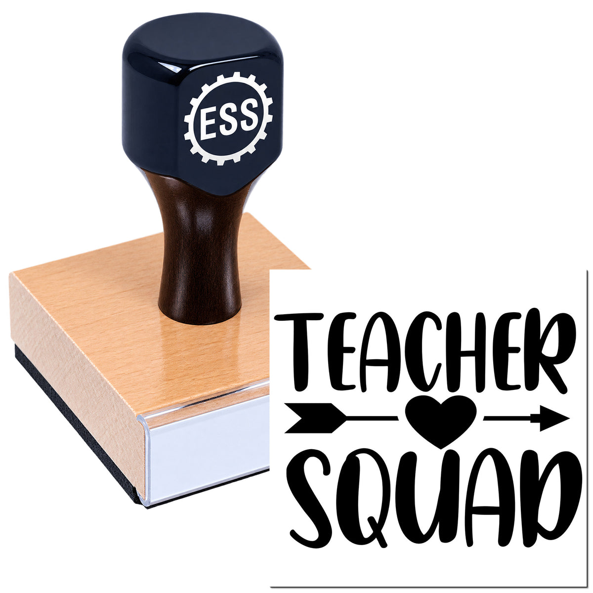 Black ESS teacher squad rubber stamp and seal on a wooden block, with bold black lettering, heart and arrows on white background.