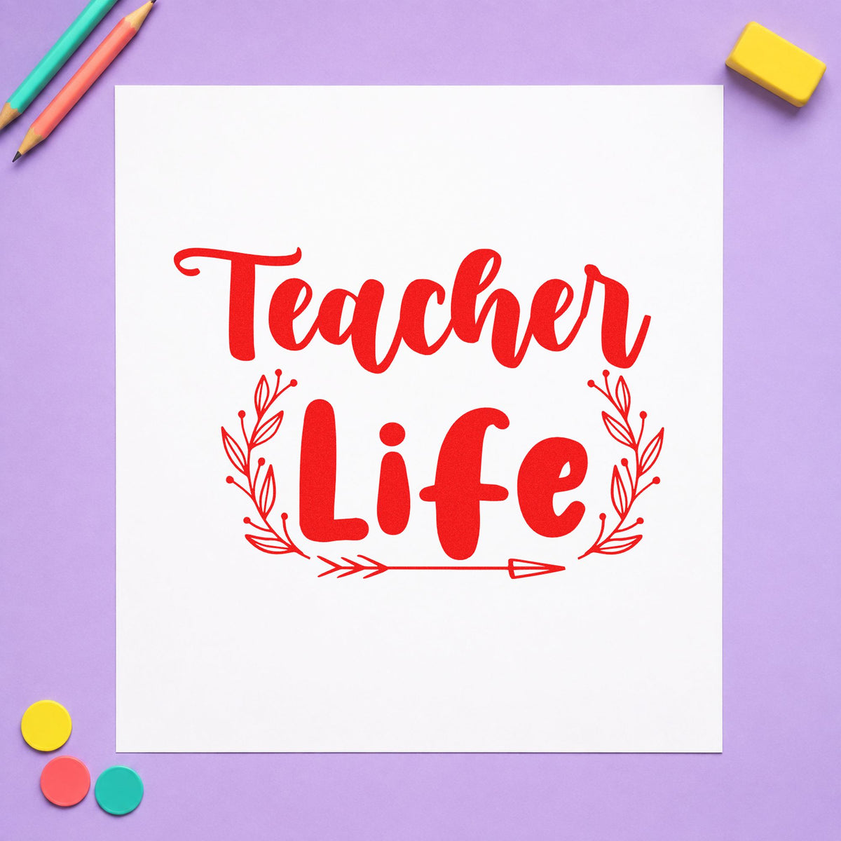Teacher Life Leafy Frame rubber stamp shown in red ink, stamped for projects such as green week notes.