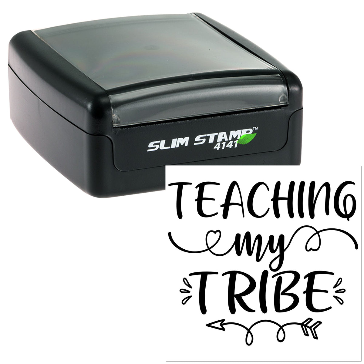 Black Slim Stamp self-inking seal with gray cap and Teaching my Tribe design.
