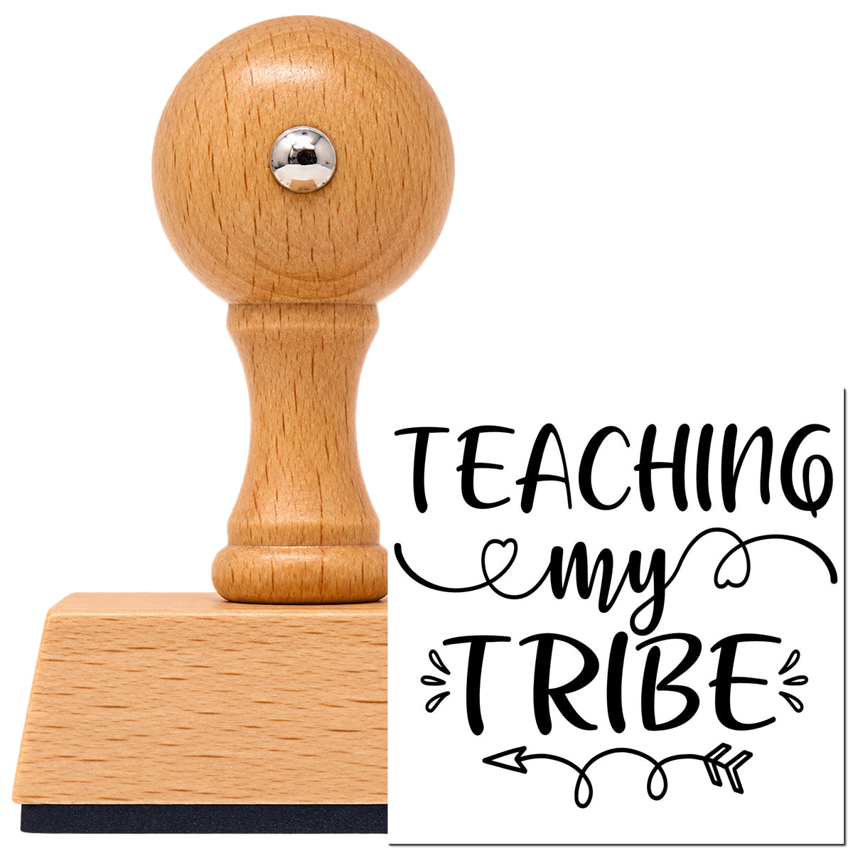 Vintage Pro beech wood stamp with a round knob handle, shown with its black Teaching My Tribe Flourishes imprint on white.