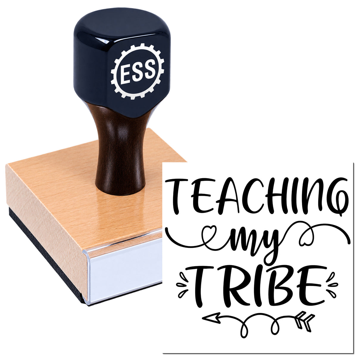 Navy teaching stamp with ESS gear logo on a wooden block and black script "Teaching my Tribe" seal design.