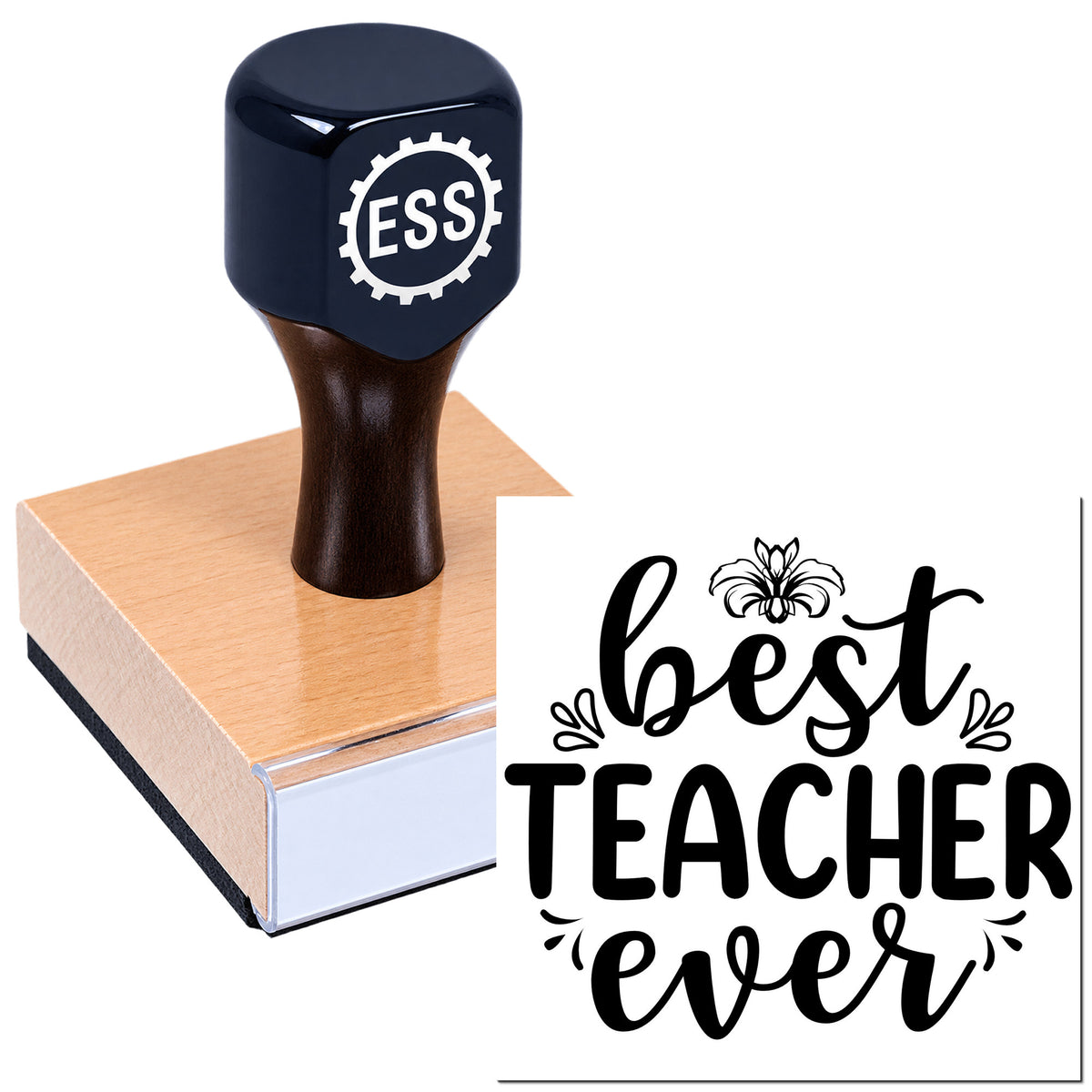 Black ESS self-inking stamp and seal with copper-colored base and "Best Teacher Ever" design