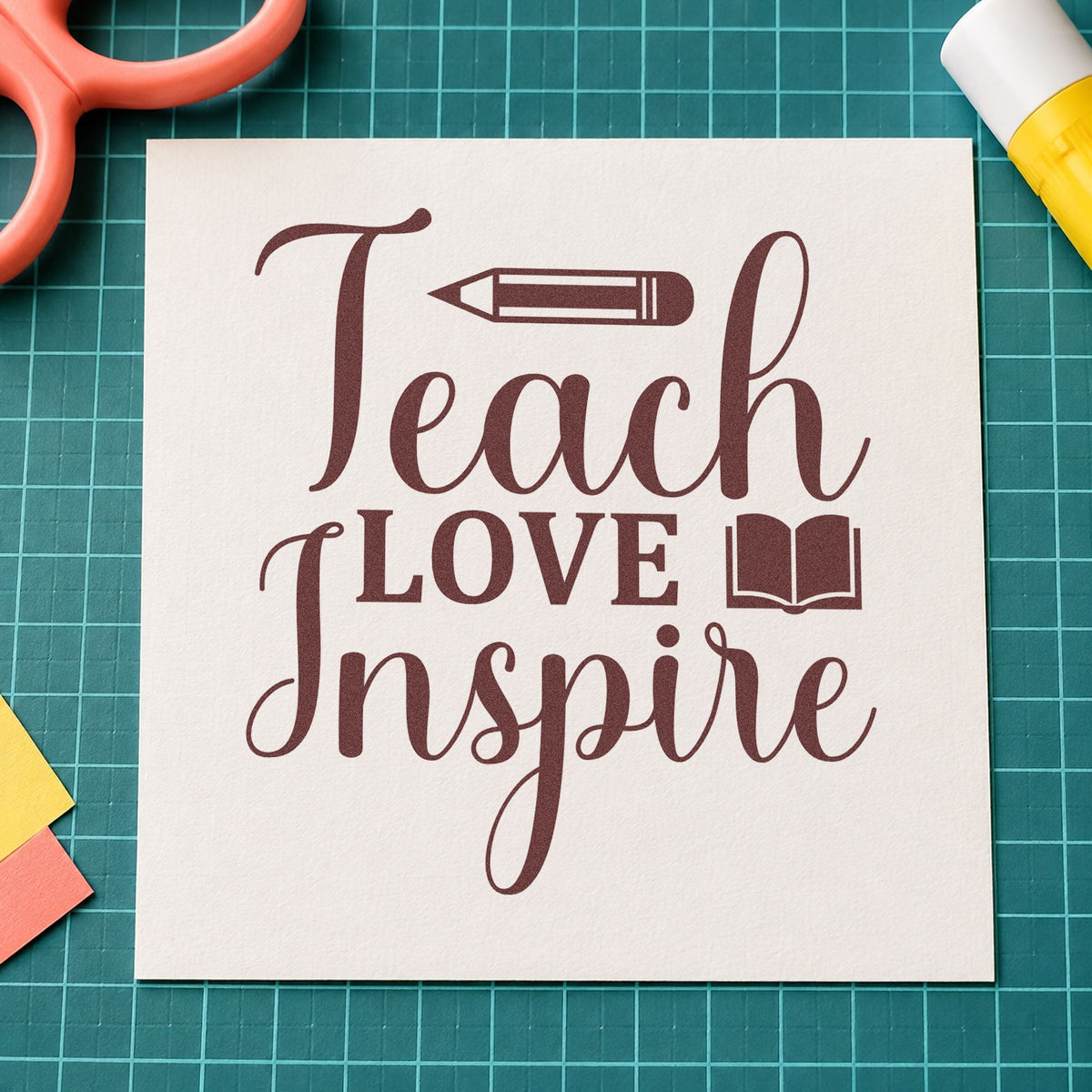 Teach Love Inspire Book rubber stamp printed in brown ink, ready for genre crate labels and similar paper crafts.