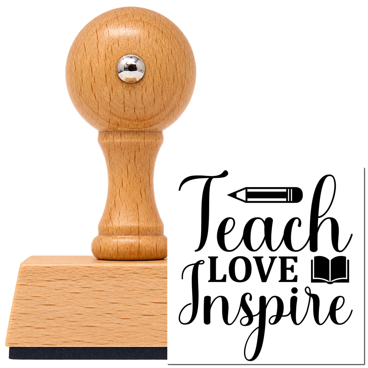 Vintage Pro beech wood stamp with a round knob handle, shown with its black Teach Love Inspire Book imprint on white.