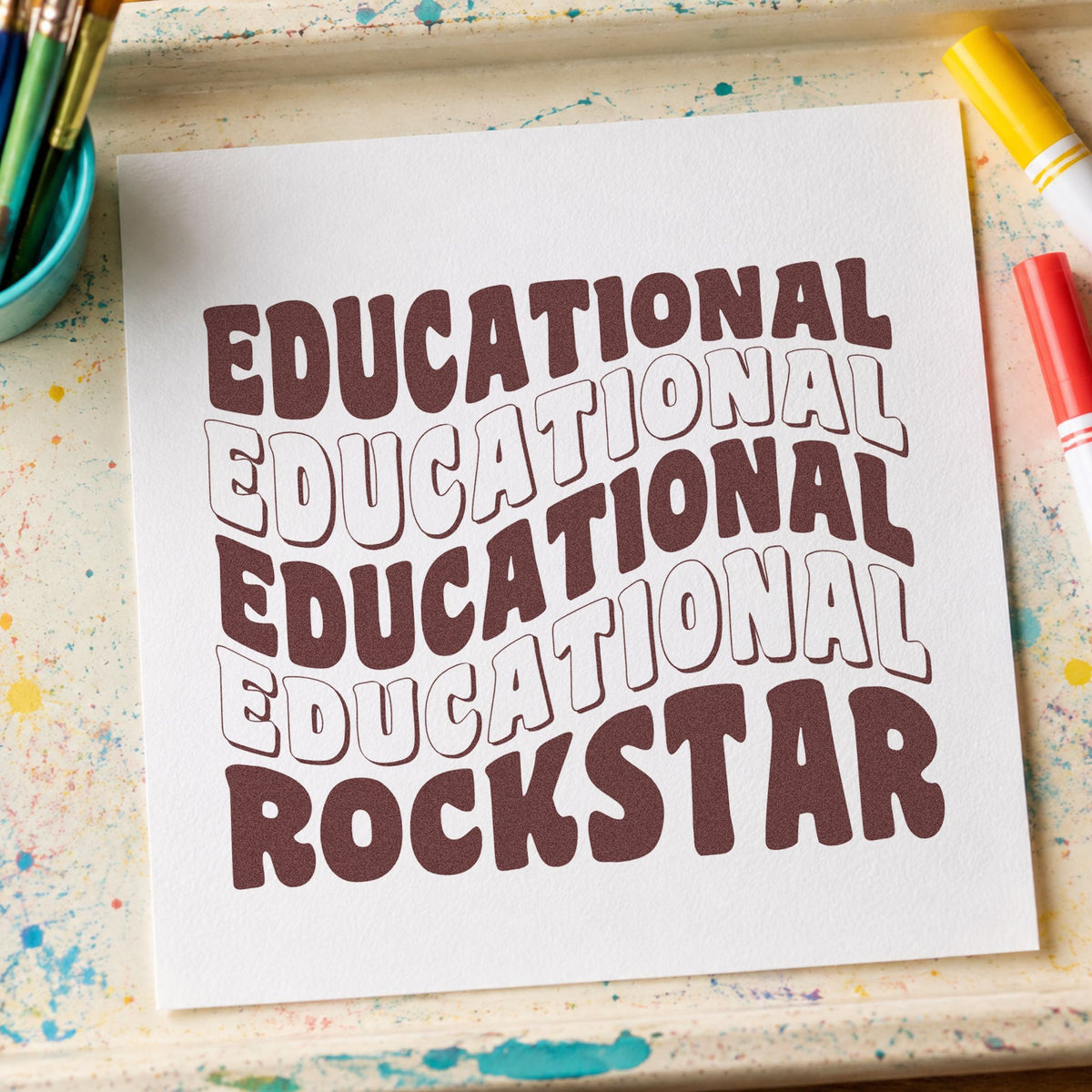 Educational Rockstar Repeated Waves rubber stamp printed in brown ink, ready for costume rail labels and similar paper crafts.