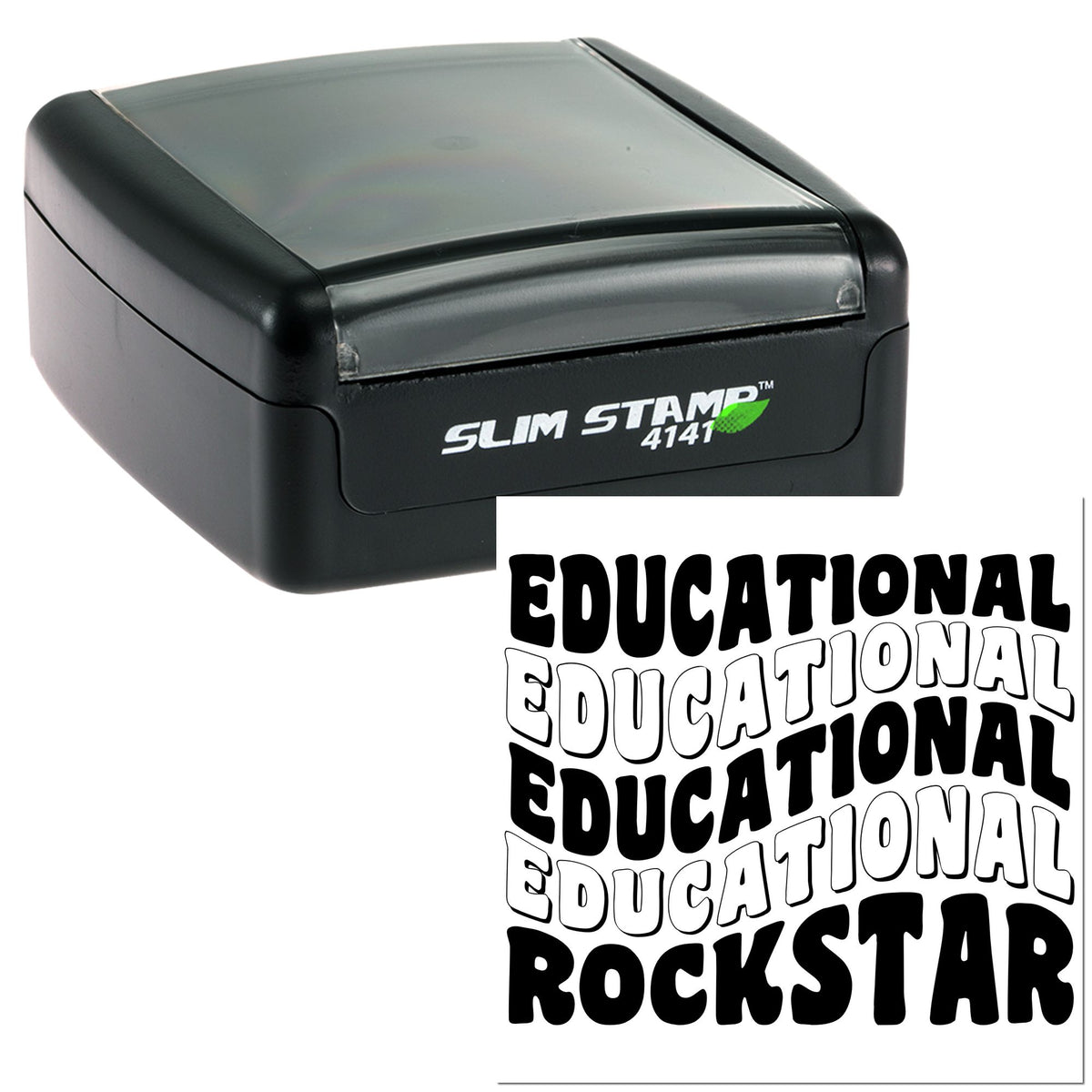 Black Slim Stamp 4141 self-inking stamp with bold Educational Rockstar seal impression on white background.