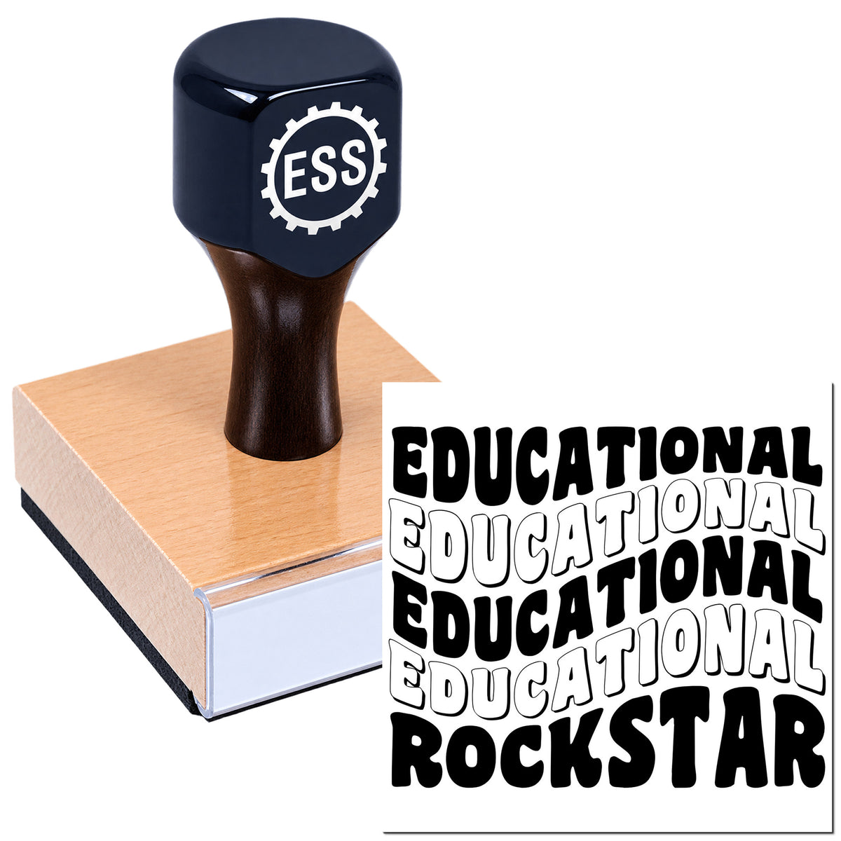 Black ESS educational stamp and seal on a brown wooden block, with "EDUCATIONAL ROCKSTAR" sample text.