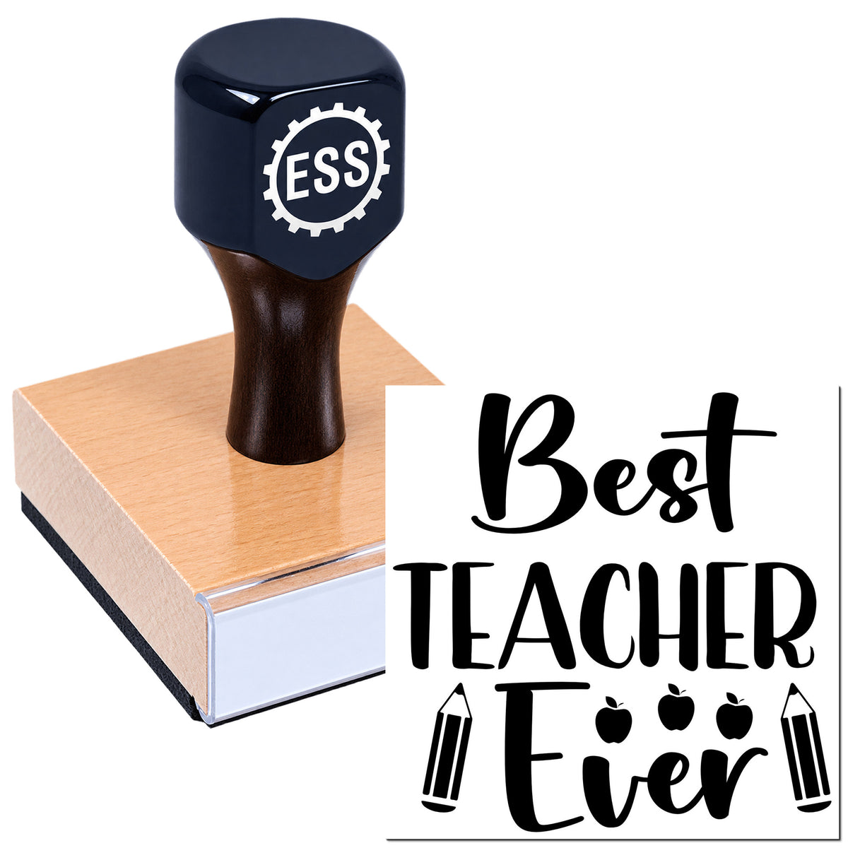 Dark blue ESS rubber stamp and seal on wooden block, with "Best Teacher Ever" text, apples and pencils.