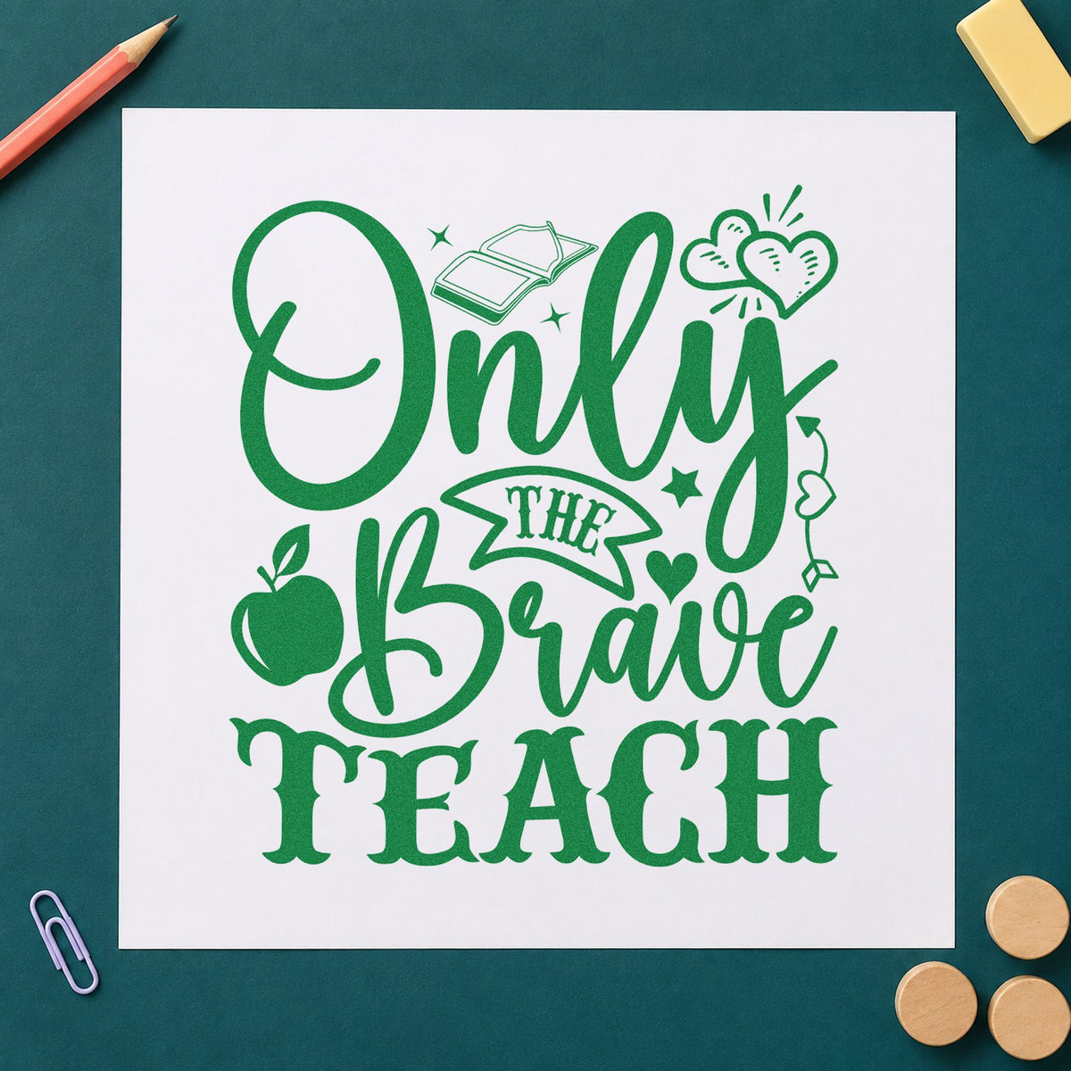Only The Brave Teach craft stamp imprint in green ink on a handmade project, one idea being contents list pages.