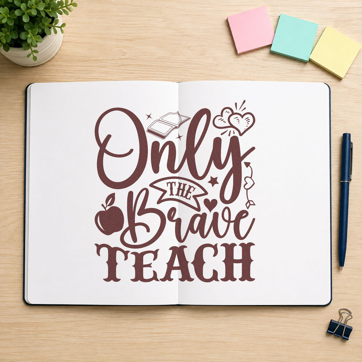 Only The Brave Teach rubber stamp printed in brown ink, ready for emergency tin labels and similar paper crafts.