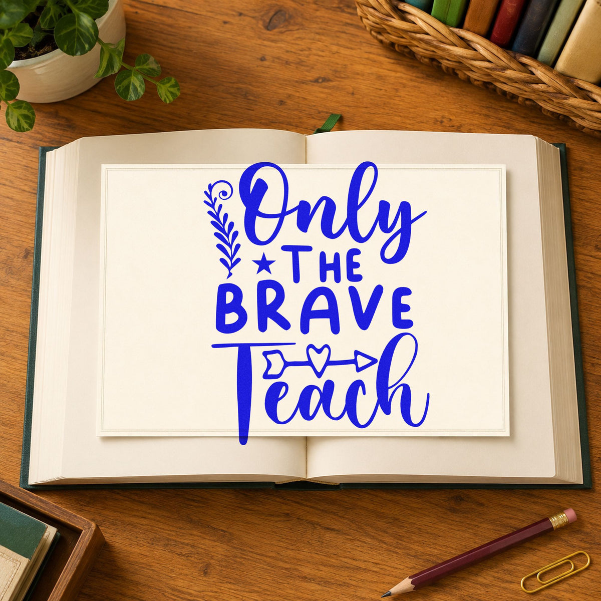 Only The Brave Teach Arrow craft stamp imprinted in blue ink on paper, a design suited to review pack seals.