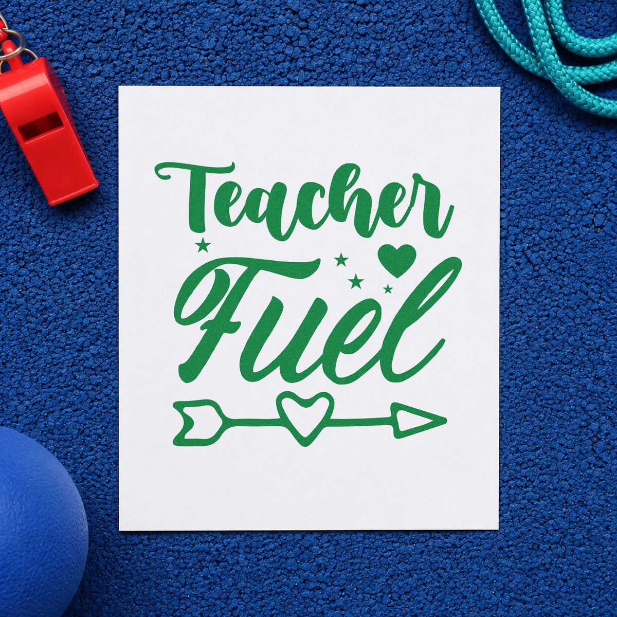 Teacher Fuel Heart Arrow craft stamp imprint in green ink on a handmade project, one idea being stock count pages.