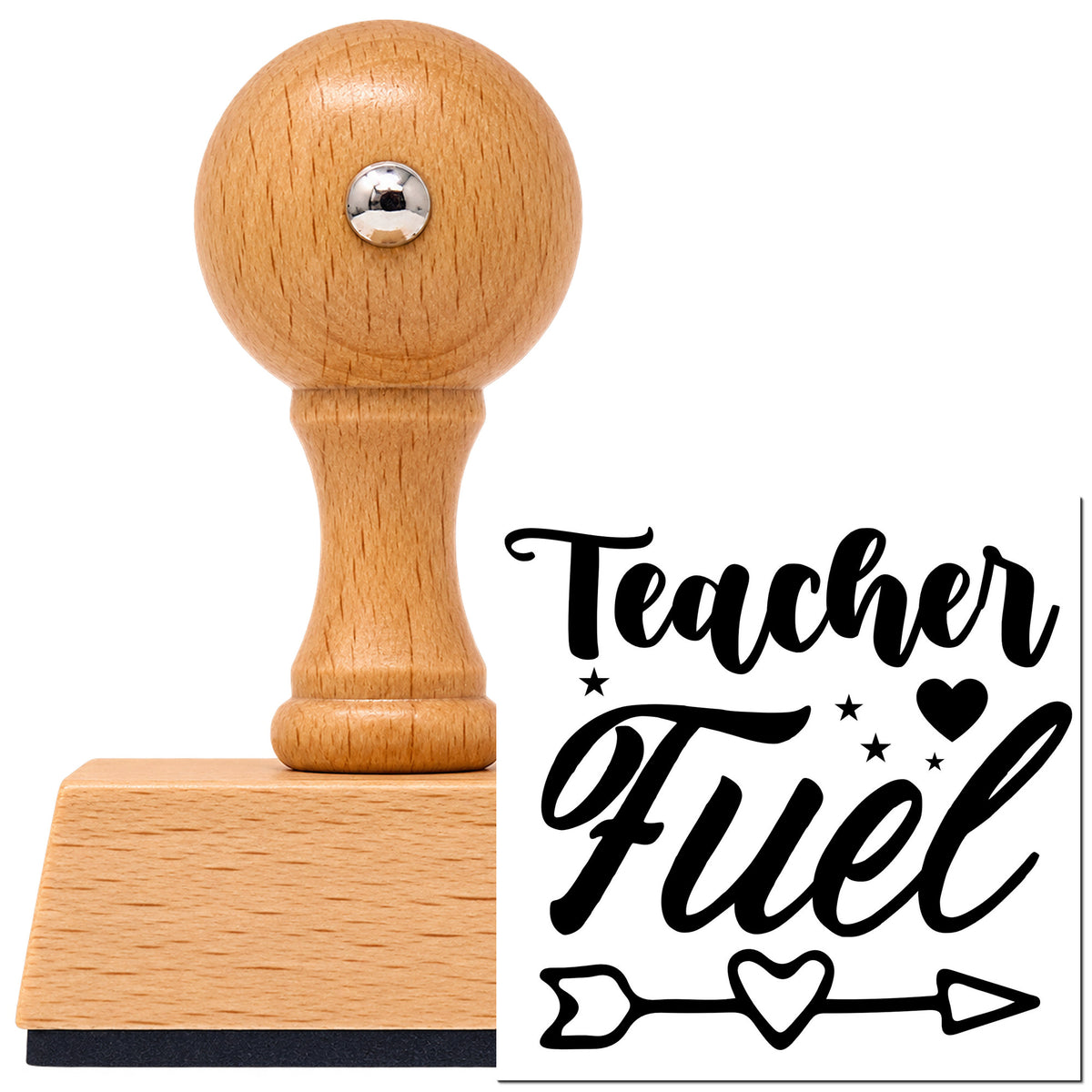 Vintage Pro beech wood stamp with a round knob handle, shown with its black Teacher Fuel Heart Arrow With Stars imprint on white.