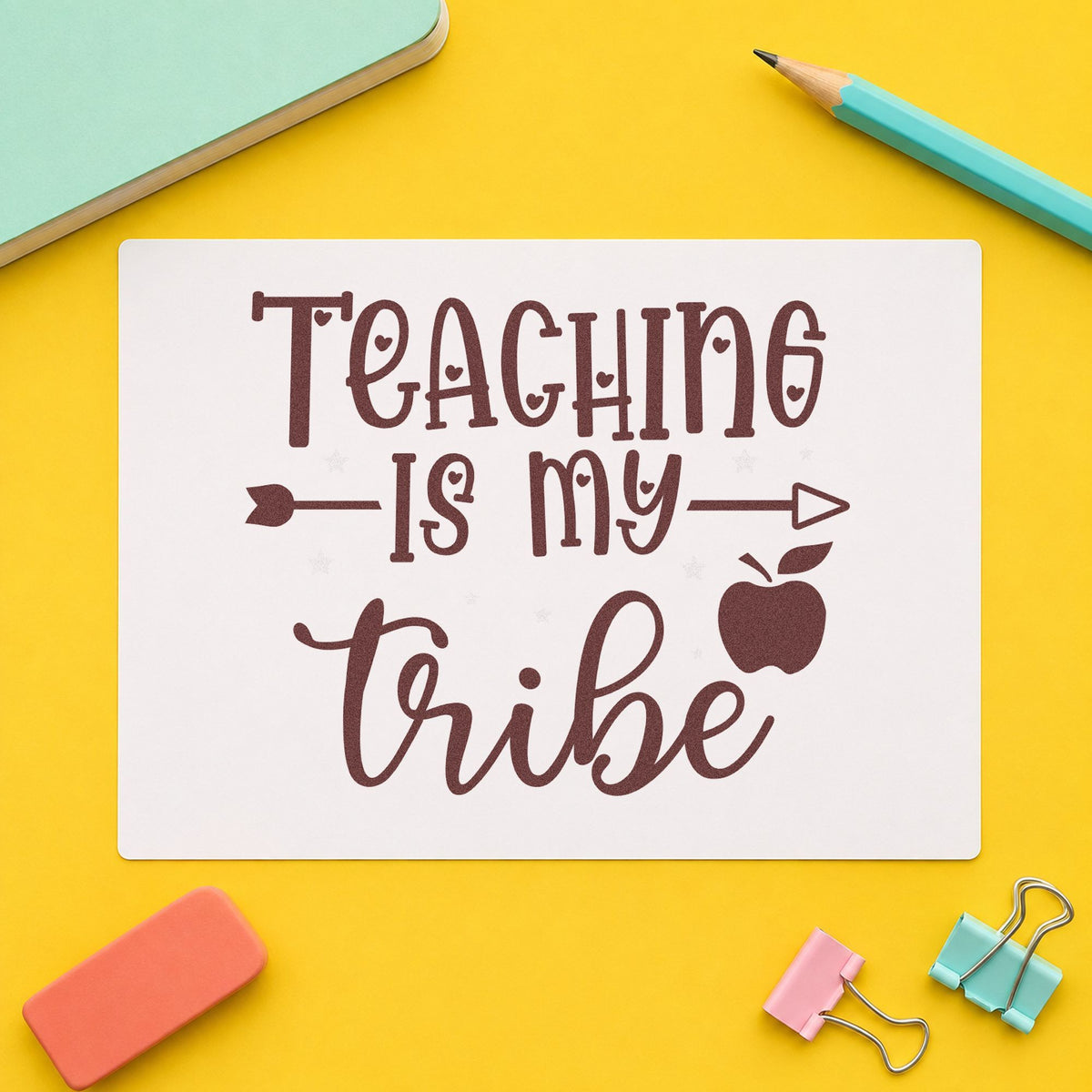 Teaching Is My Tribe rubber stamp printed in brown ink, ready for resource shelf labels and similar paper crafts.