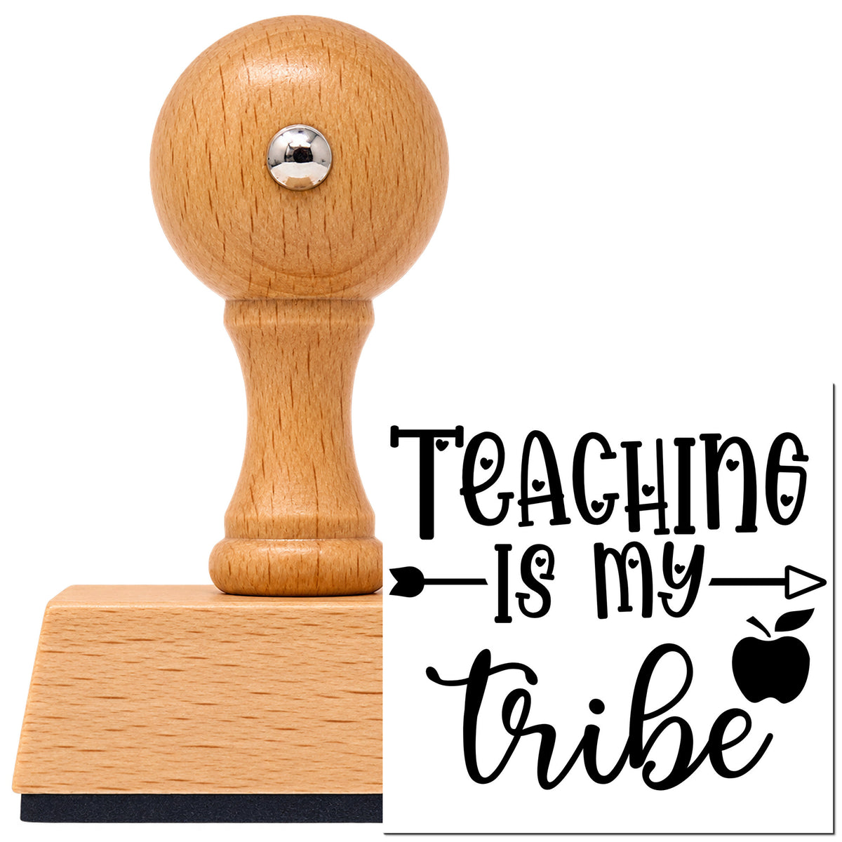 Vintage Pro beech wood stamp with a round knob handle, shown with its black Teaching Is My Tribe imprint on white.