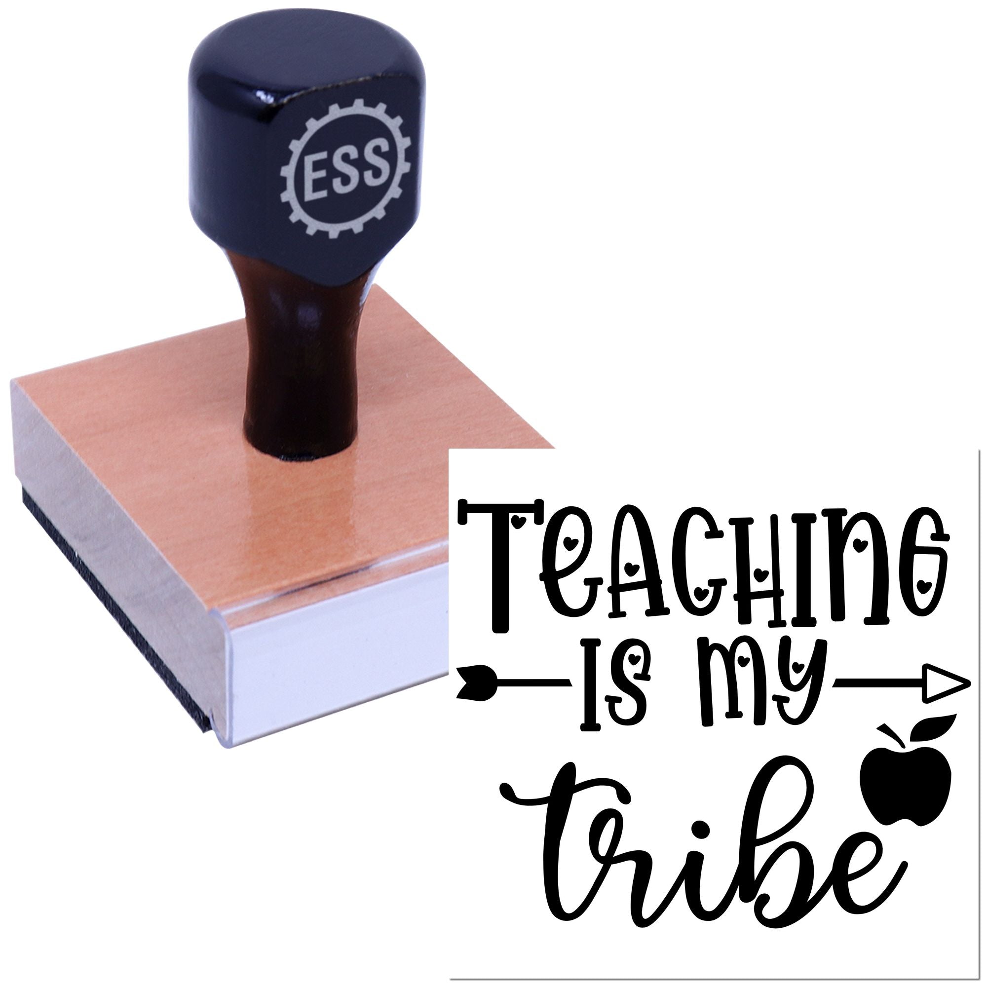 Dark blue ESS stamp on a pink square seal block with Teaching is my tribe text and apple icon.