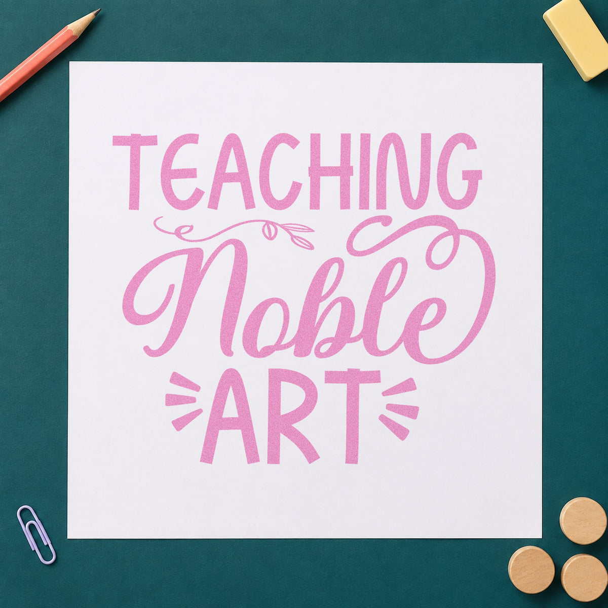 Teaching Noble Art Flourishes craft stamp in purple ink on cardstock, an easy option for gallery tour tags.