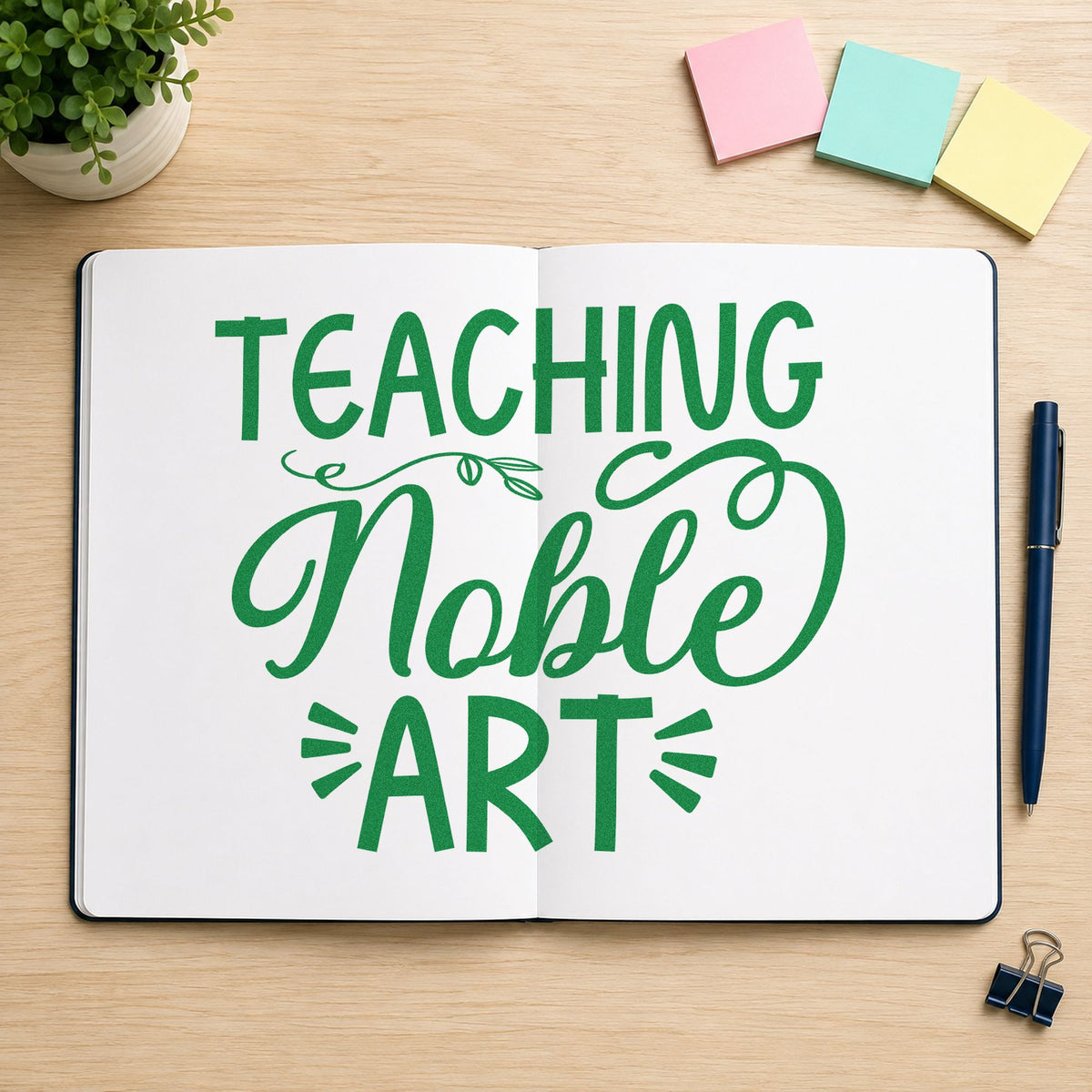 Teaching Noble Art Flourishes craft stamp imprint in green ink on a handmade project, one idea being exhibit label pages.