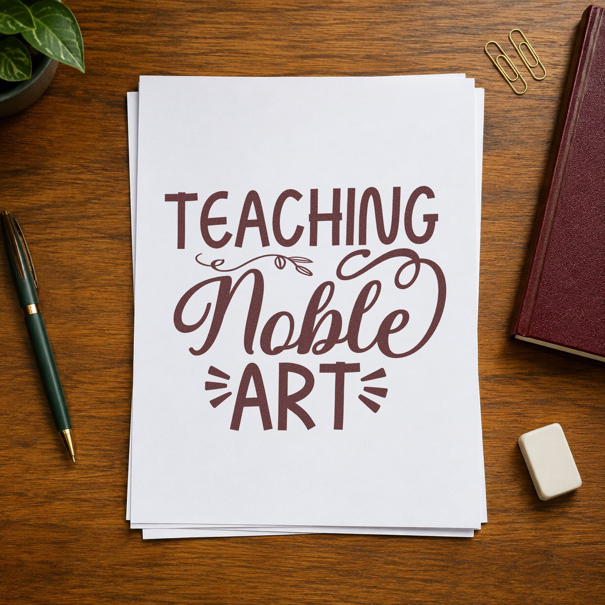Teaching Noble Art Flourishes rubber stamp printed in brown ink, ready for plinth base labels and similar paper crafts.