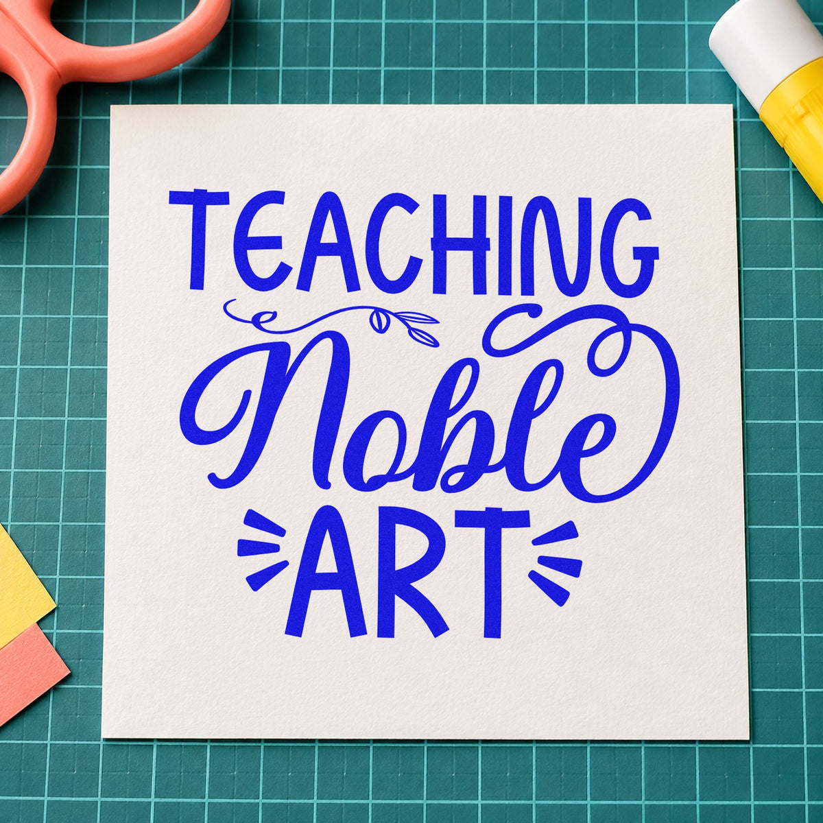 Teaching Noble Art Flourishes craft stamp in blue ink on cardstock, an easy option for curtain swag panels.