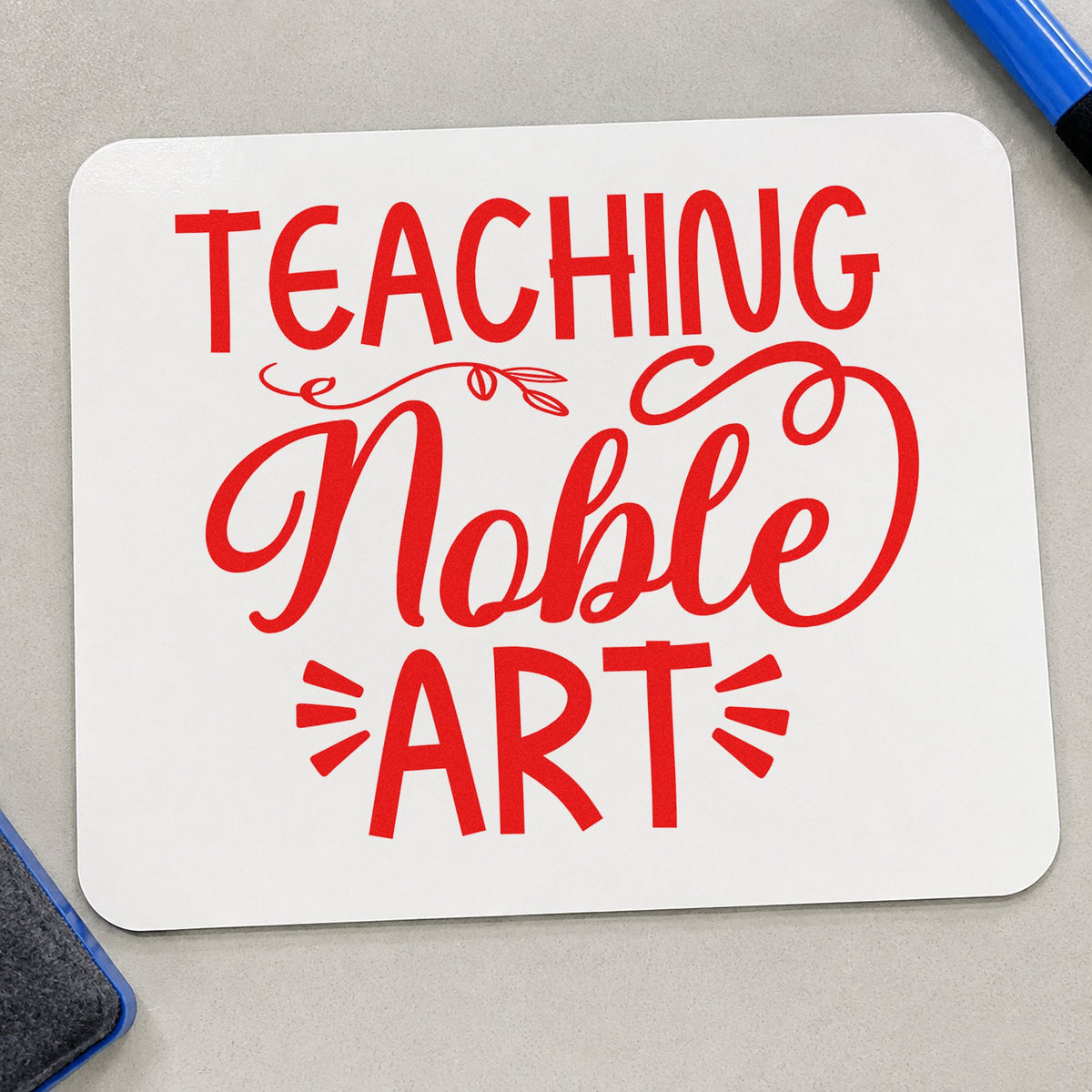 Teaching Noble Art Flourishes rubber stamp shown in red ink, stamped for projects such as private view notes.