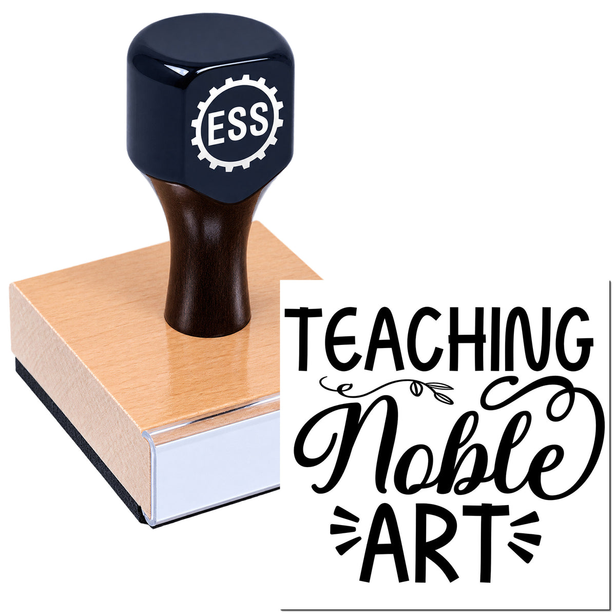 Black ESS rubber seal stamp on a peach block, with bold black "Teaching Noble Art" lettering.