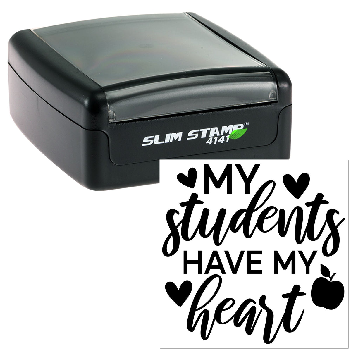 Black Slim Stamp 4141 self-inking stamp and seal with My students have my heart in black, hearts, and apple icon.