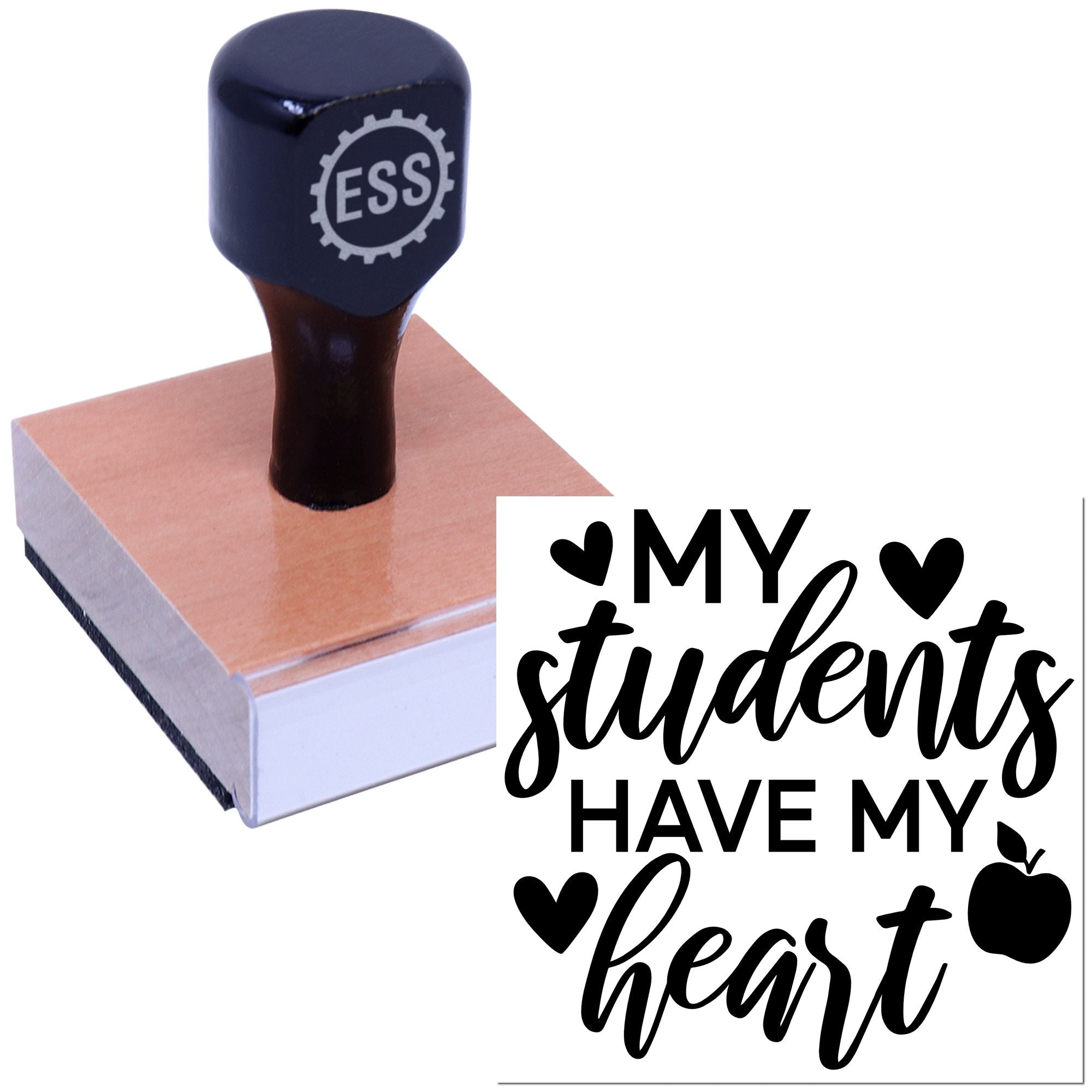 Navy custom rubber stamp and wooden seal block with black My students have my heart design, hearts and apple.
