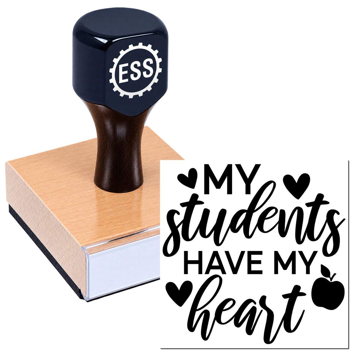 Navy custom rubber stamp and wooden seal block with black "My students have my heart" design, hearts and apple.