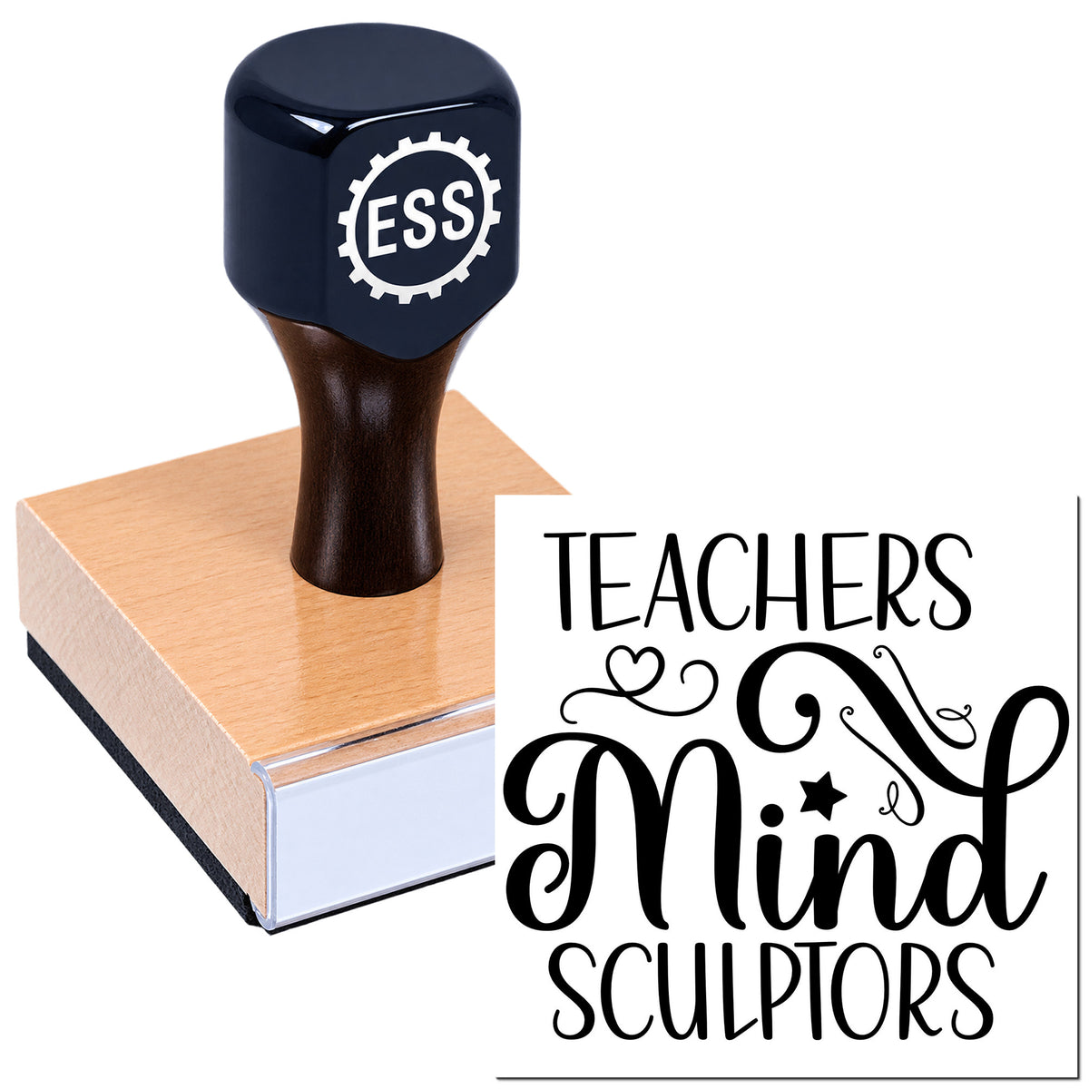 Black ESS custom stamp and seal on pink wood block with Teachers Mind Sculptors logo on white background.