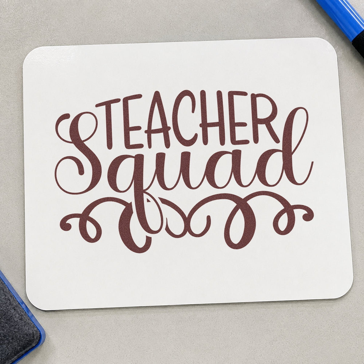 Teacher Squad Script Flourishes rubber stamp printed in brown ink, ready for wine bottle labels and similar paper crafts.
