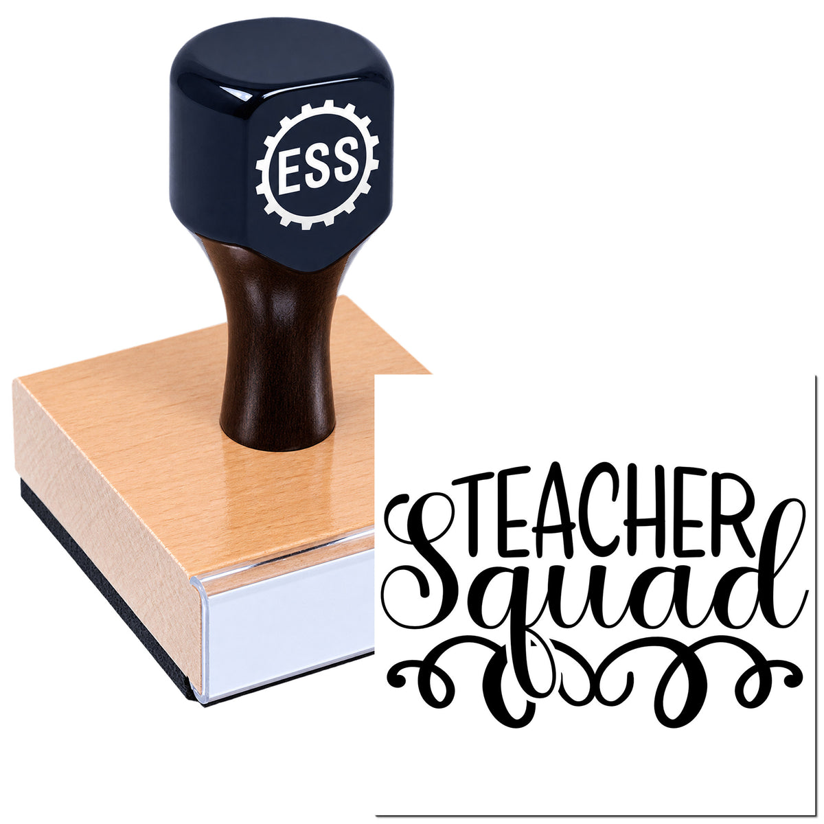Black ESS rubber stamp and seal on wooden base with "Teacher Squad" script, black and white design on a pink-toned block.