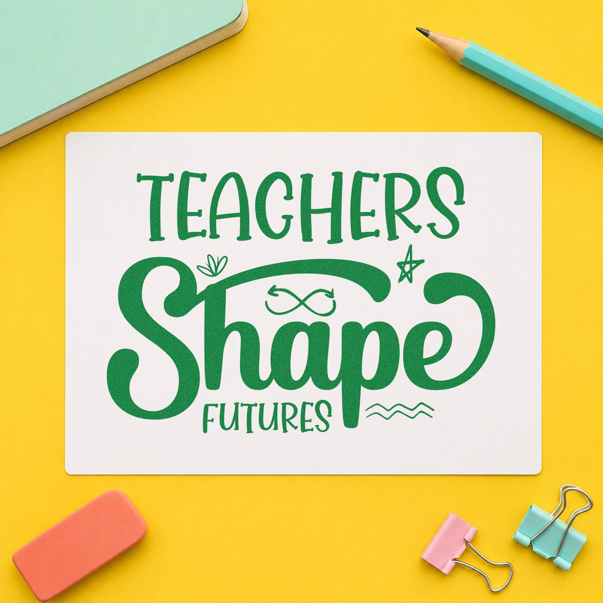 Teachers Shape Futures craft stamp imprint in green ink on a handmade project, one idea being pathway map pages.