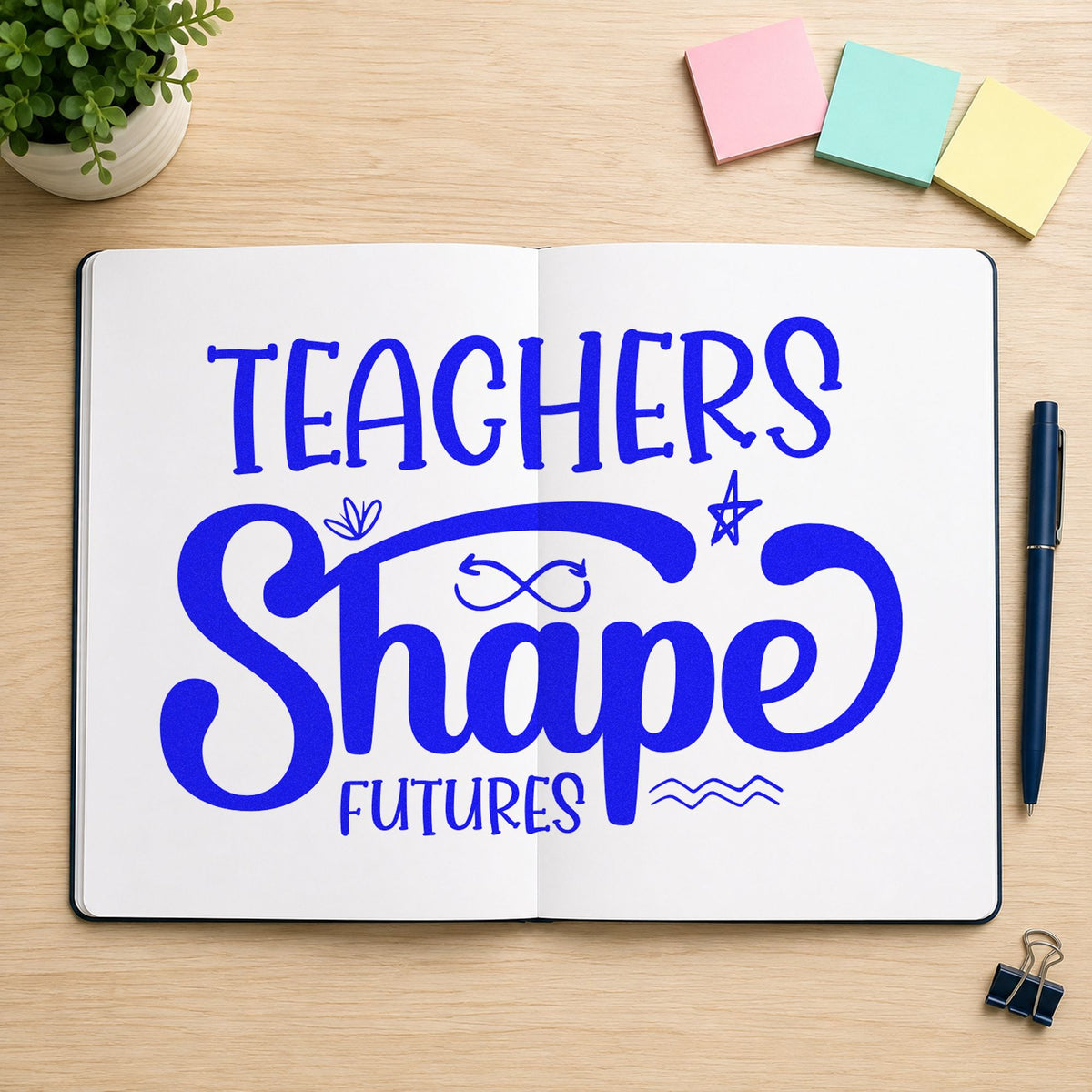 Teachers Shape Futures craft stamp in blue ink on cardstock, an easy option for runner cloth panels.